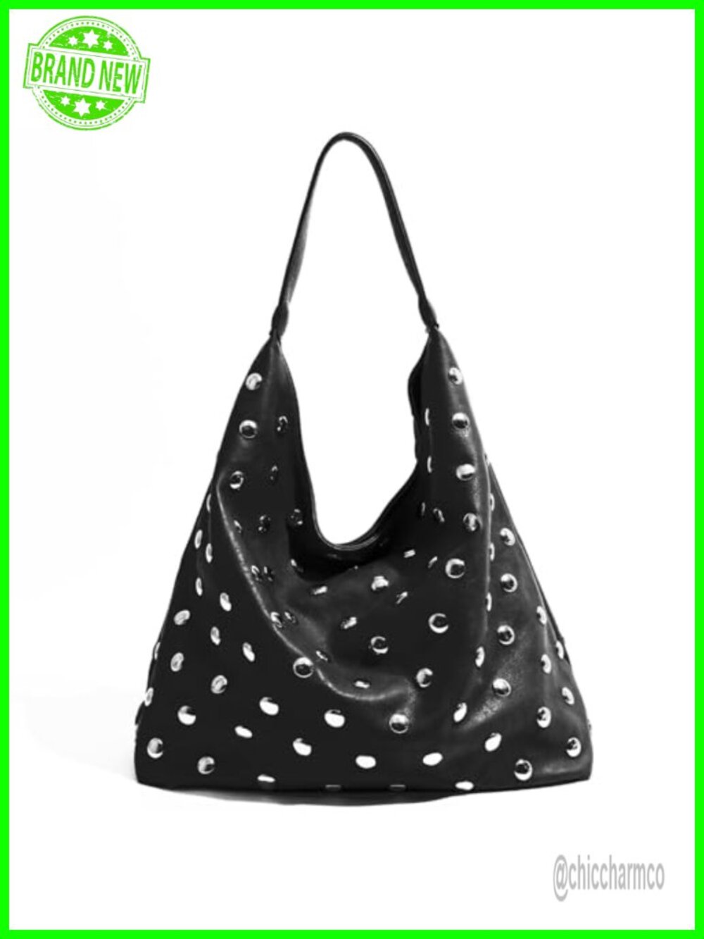 Vegan Leather Studded Hobo Tote Bag Hand-Embellished Slouchy Purse